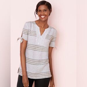 Talbots Women’s Gray Stripe Linen Short Tie-Sleeve Blouse Shirt Size X
